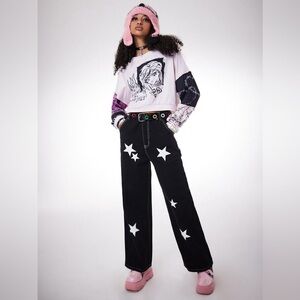 Anime White Star Print Straight Wide Leg Black Denim XL Jeans 30x26